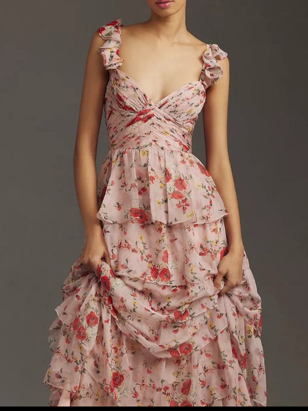 Mac Duggal Ruffle Strap Pink Floral Chiffon Gown/Dress (Size 4)